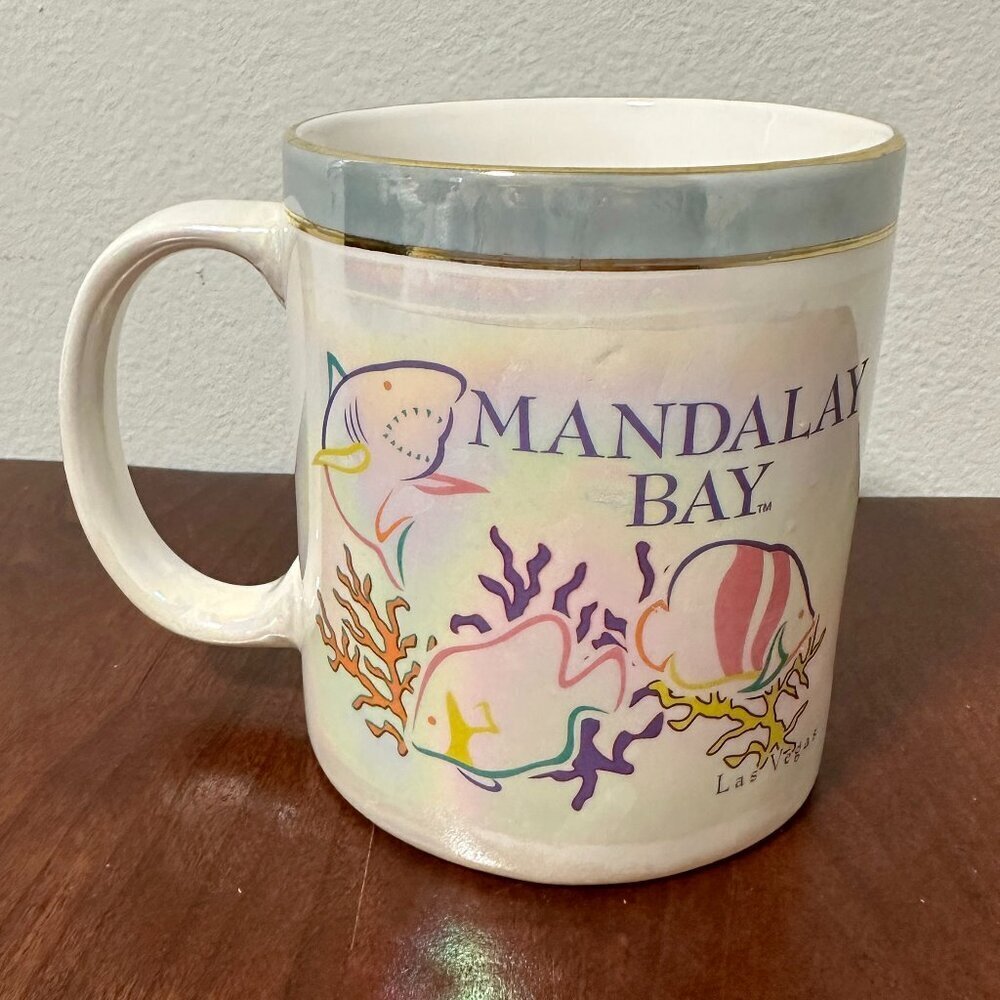 Vintage 80s Mandalay Bay Las Vegas Iridescent Mug Vacation Souvenir Coffee Cup
